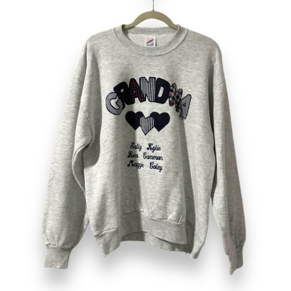 Jerzees Tops - Vintage 80s Grandma Gray Pullover Crewneck Sweater Size Large Embroidered Names
